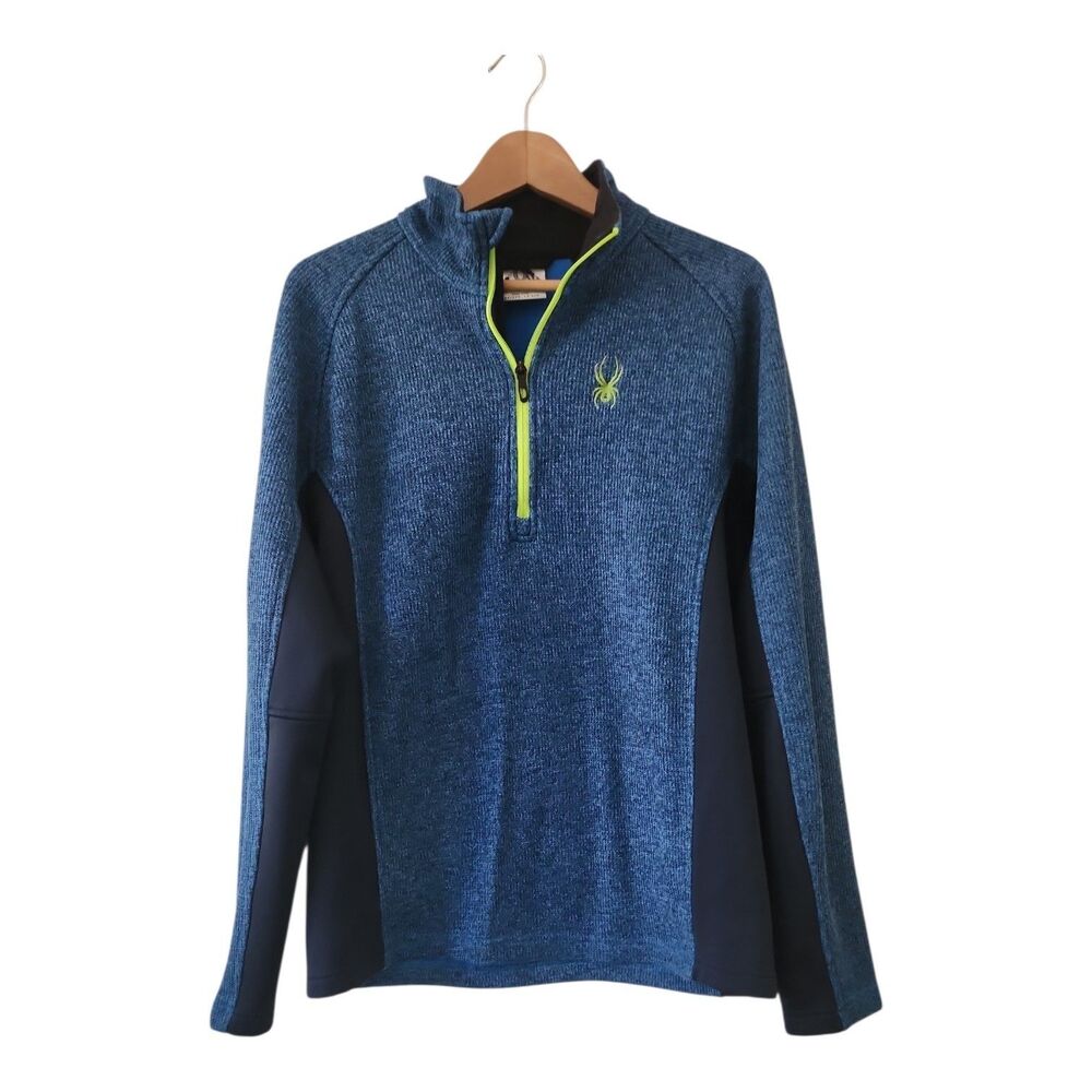 Spyder Sweater Mens Large Blue Neon Green Quarter Zip Fleece Pullover